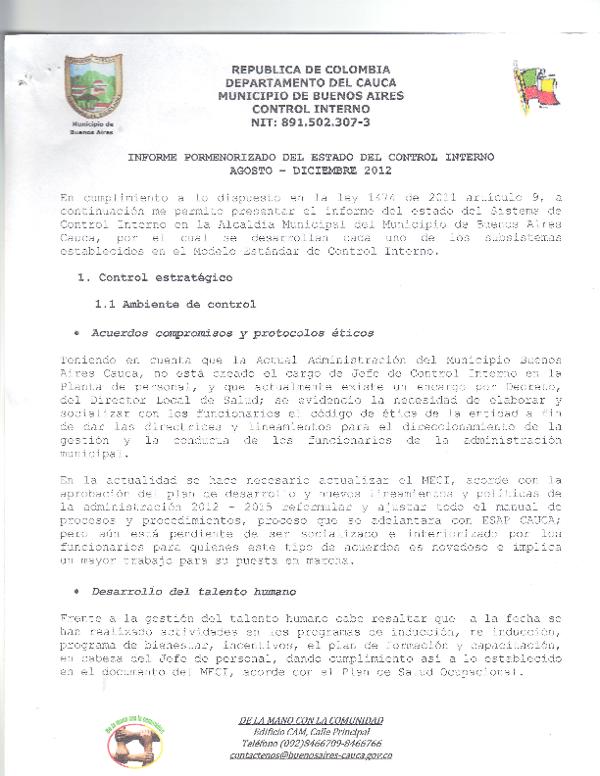 Informe de Control Interno Contable Buenos Aires Cauca 2012: CIC Buenos  Aires Cauca 2012
