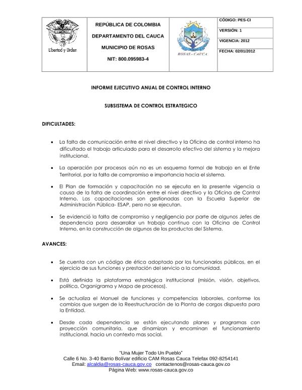 Informe de Control Interno Contable Rosas Cauca 2012: CIC Rosas Cauca 2012
